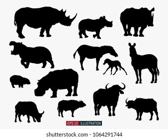 African animals silhouettes set. Rhino, zebra, hippo, buffalo. Template for your design works. Vector illustration.