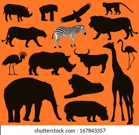 African animals silhouettes set. Vector illustration. EPS 10