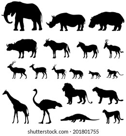 African animals silhouettes set. Vector animals of tropical zone icons collection.