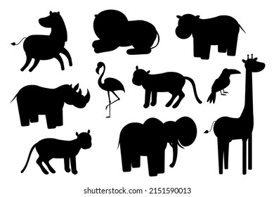 African animals silhouettes set. Vector animals of tropical zone icons collection. EPS