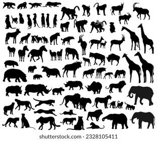 Se organizan siluetas de animales africanos. Ilustración vectorial.