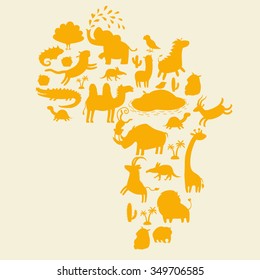 African animals silhouettes set. Vector illustration. The contour of the continent of Africa