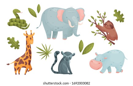 African Animals with Spotted Giraffe and Sloth Sitting on Tree Branch Vector Set