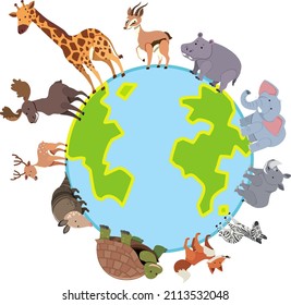 African animals standing on the earth planet in flat style illustration