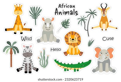 African animals stickers. Vector illustration. Cute animal. Childish. Cartoon. Set wild animals.