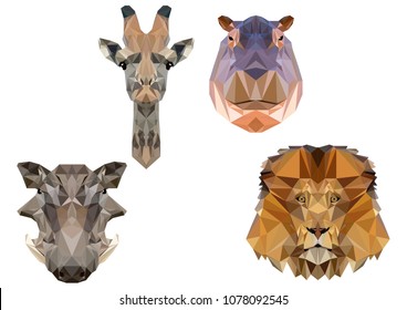 African animals in the style of low polygons. Giraffe, lion, hippo, warthog.