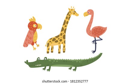 African Animals with Toothy Crocodile and Spotted Giraffe Vector Illustration Set