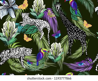 african animals, toucans, butterflies, palm leaves and lily flowers on dark background, zebra texture, seamless vector pattern