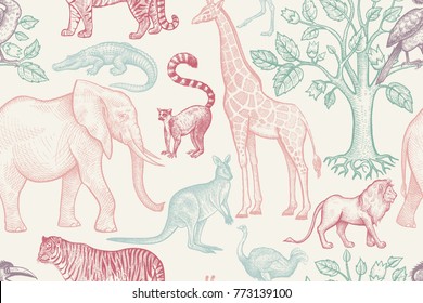 African animals and trees seamless pattern. Vintage. Vector illustration. Hand drawing. For design paper, wallpaper, textiles, fabrics, clothes, interior items, curtains. Graphics on white background.