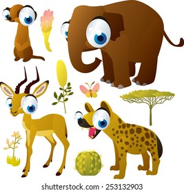 african animals vector cartoon set: meerkat, impala, hyena, elephant