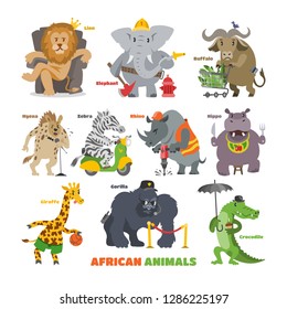 African animals vector cartoon wild animalistic characters lion king elephant fireman security gorilla in safari illustration set of crocodile zebra hippo isolated on white background