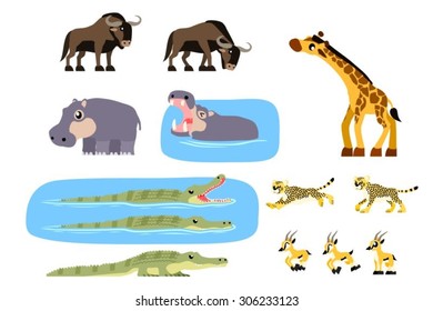 African animals vector containing girrafe, gazelle, gnu/wildebeest, crocodile, hippopotamus, and cheetah illustration.