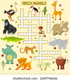 African animals vector crossword for children. Illustration of lion and leopard, elephant and gorilla. 