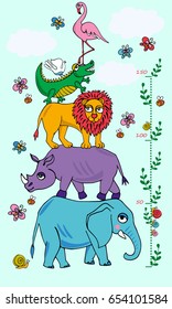 African animals, vector illustration. Children height meter wall sticker, kids measure.