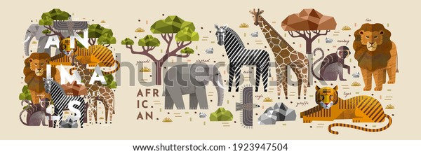 African animals. Vector\
illustrations of giraffe, elephant, zebra, eagle, monkey, tiger,\
lion, acacia tree and stone. Drawings of flora and fauna of the\
savannah