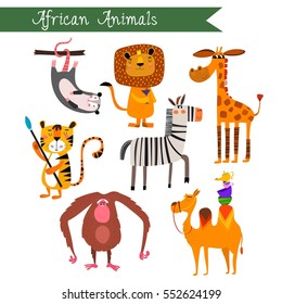 African animals vector illustration.Vector set. Isolated on white background. African animals cartoon style. Preschool, baby, continents, travelling, drawn - stock vector