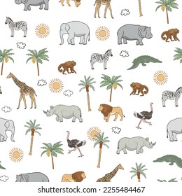 Patrón sin fisuras vectorial de animales africanos.