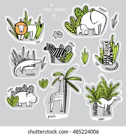 African animals. Vector set of funny animals with names. hand drawn set of stickers, coloring for children's and adults..