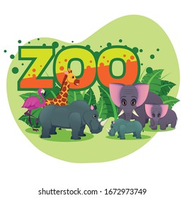 African Animals Walking around Huge Word Zoo on Nature Background, Rhinoceros and Elepfant with Baby Cub, Pink Flamingo, Giraffe Stand Tree Branches Backdrop, Wildlife Cartoon Flat Vector Illustration