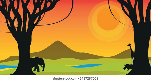 African animals at water place at savanna landscape vector illustration