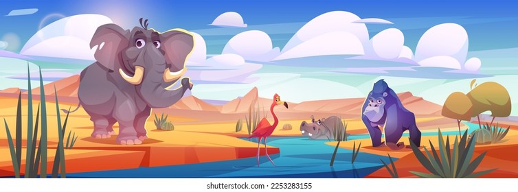 African animals at watering hole in savannah. Savanna or desert landscape with river and cute elephant, gorilla, hippo and flamingo in water, vector cartoon illustration