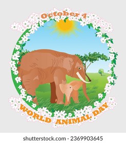  African animals, wildlife reservation. Elephant mother and its baby.World Animal Day icon and logo design. October 4. Vector illustration.