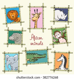 African animals in a wooden frames. Monkey, lion, elephant and zebra vector icons