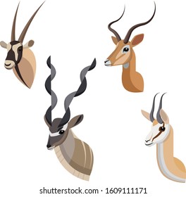 African antelope or gazelle portrait set made in unique simple cartoon style. Heads of gemsbok, greater kudu, impala and springbok. Isolated artistic stylized icon or logo collection for your design