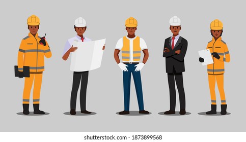 Arquitecto y técnico africano, constructores e ingenieros y mecánicos Equipo de personas, personaje de dibujos animados de ilustraciones vectoriales.