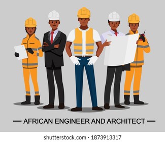 African Architect And Technician And Builders And Engineers And  Mechanics People Teamwork ,Vector Illustration Cartoon Character.