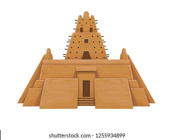 African architecture. The ancient building from clay. Temple, mosque, tower. Color drawing. Vector illustration  isolated on a white background.