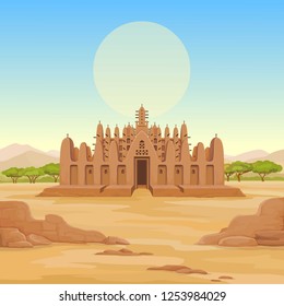African architecture. The animation ancient building from clay. Background - a landscape the desert, the sky, a symbol of the sun. Color drawing. Vector illustration.