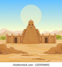 African architecture. The animation ancient building from clay. Background - a landscape the desert, mountains, sky, a symbol of the sun. Place for the text. Color drawing. Vector illustration.