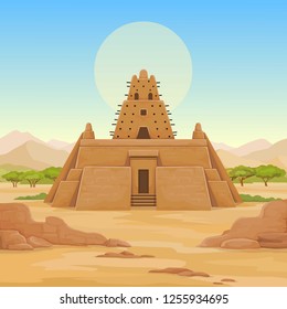 African architecture. The animation ancient building from clay. Background - a landscape the desert, mountains, sky, a symbol of the sun. Place for the text. Color drawing. Vector illustration.