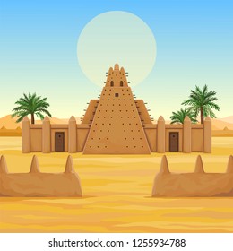  African architecture. The animation ancient building from clay. Background - a landscape the desert, the sky, a symbol of the sun. Place for the text. Color drawing. Vector illustration.