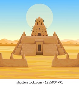  African architecture. The animation ancient building from clay. Background - a landscape the desert, the sky, a symbol of the sun. Place for the text. Color drawing. Vector illustration.