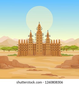 African architecture. The animation ancient building from clay. Background - a landscape the desert, mountains, sky, a symbol of the sun. Place for the text. Color drawing. Vector illustration.