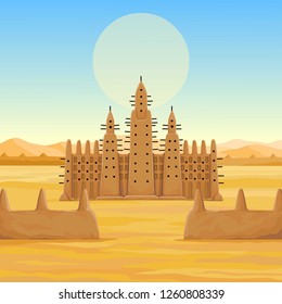  African architecture. The animation ancient building from clay. Background - a landscape the desert, the sky, a symbol of the sun. Place for the text. Color drawing. Vector illustration.