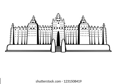 African Architecture. The mosque from clay.  Monochrome drawing isolated on a white background. Vector illustration.