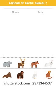 African or Arctic animal. Match cards with cute animals. Logical game for kids.