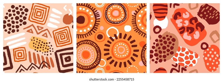 African art style seamless pattern set. Traditional hand drawn tribal background collection. Ethnic culture fashion print, textile or wrapping paper backdrop.