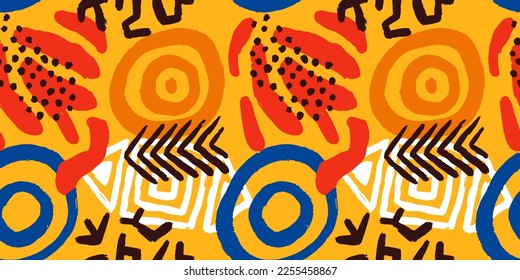 African art style seamless pattern. Traditional hand drawn tribal background with doodle decoration. Ethnic culture fashion print, textile, wrapping paper backdrop.