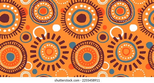 African art style seamless pattern. Traditional hand drawn tribal background with circle sun or mandala decoration. Ethnic culture fashion print, textile, wrapping paper backdrop.