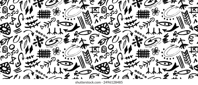 African art style seamless pattern. Traditional hand drawn tribal background with doodle decoration. Ethnic culture fashion print, textile, wrapping paper backdrop.