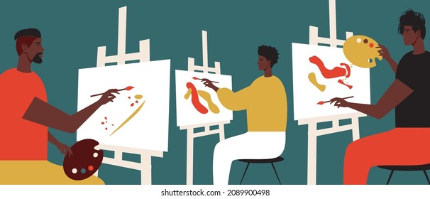 African artists, achievements of African people. Flat vector stock illustration. Community of artists. People with black skin paint. African people are working. Vector graphics