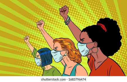 African Asian Caucasian Women Protest Coronavirus Epidemic. Comics Caricature Pop Art Retro Illustration Drawing