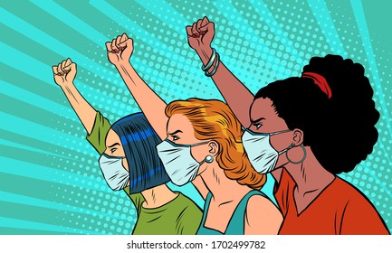 African Asian Caucasian women protest coronavirus epidemic. Comics caricature pop art retro illustration drawing