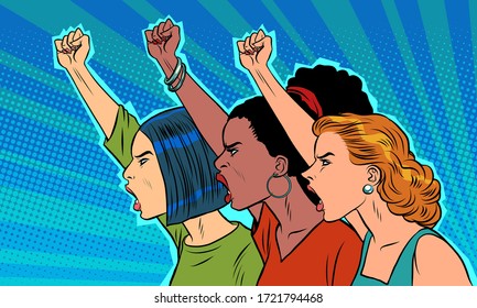 African Asian Caucasian women protest. Comics caricature pop art retro illustration drawing