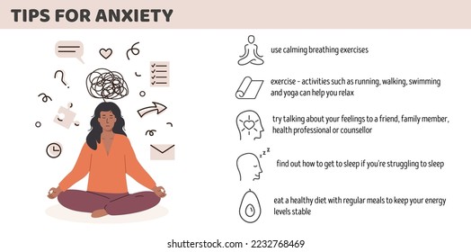 Mujer africana o asiática estresada con trastorno de ansiedad. Consejos útiles para la infografía de manejo de ansiedad. Una persona ansiosa que sufre de un problema mental. Concepto de salud mental. Ilustración vectorial.