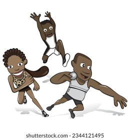 African athletes isolated set, long jump, running and discus throw. Vector Illustration.